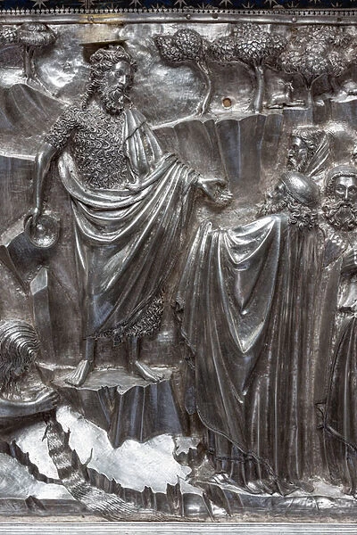 Saint John baptizing the crowd, tile from The Silver Altar of Saint Johns Treasure, 1367-1483