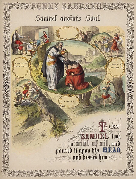 Samuel anoints Saul (coloured engraving)