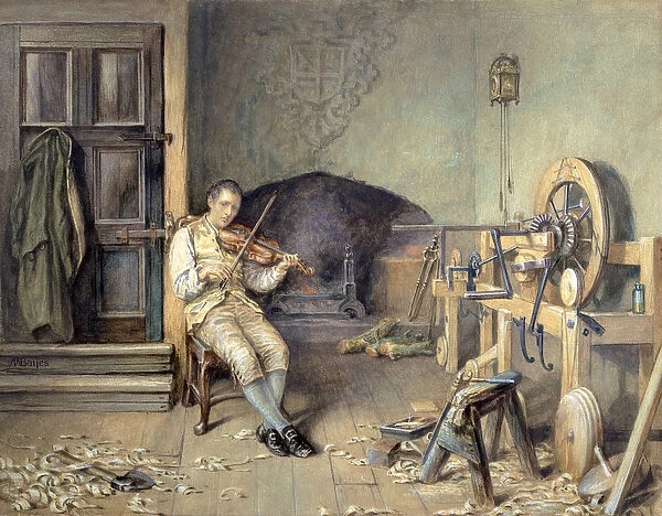 Samuel Crompton (1753-1827) Inventing his Spinning Mule, 1895 (oil on canvas)