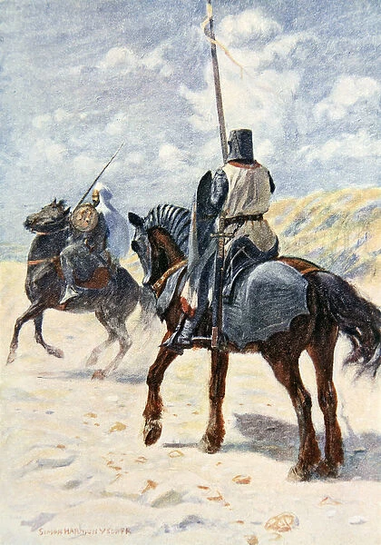A Saracen approaches a Crusader Knight, illustration for The Talisman