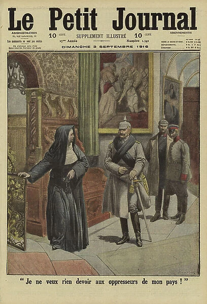 Scorn of a Benedictine nun in the face of Kaiser Wilhelm II of Germany during his visit to the Abbey of Namur in occupied Belgium, World War I, 1916 (colour litho)