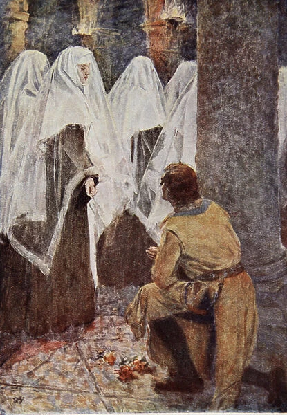 The Scottish Knight on one knee watched as the veiled nuns walked past