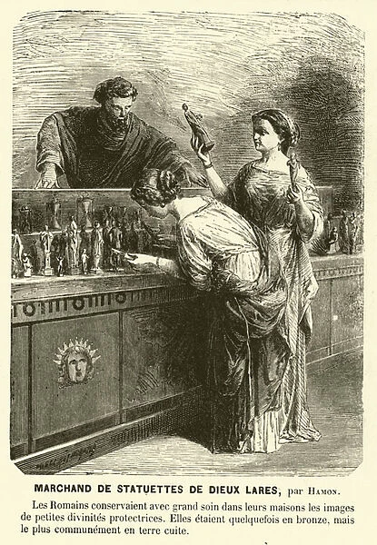 Seller of statuettes of Lares, ancient Roman guardian deities (engraving)