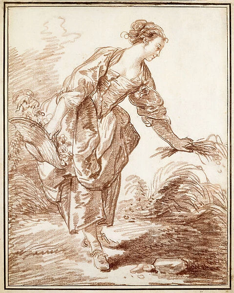 A Sheperdess Picking Flowers, (red chalk on paper)