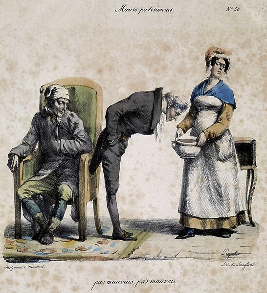 Sick, doctor looking in the pot and servant. Cartoon of Parisian morals by Pigal