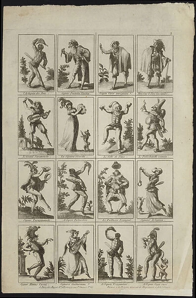 Sixteen panels depicting figures in costume (engraving)