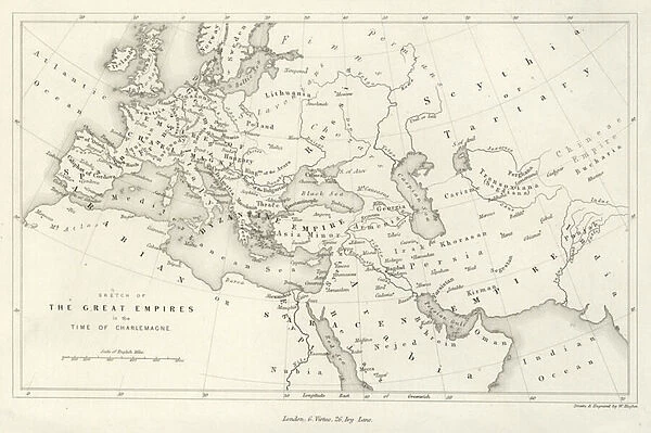 Sketch of the great empires in the time of Charlemagne (engraving)