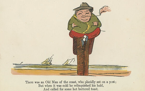 'There was an Old Man of the coast, who placidly sat on a post', from A Book of Nonsense, published by Frederick Warne and Co. London, c. 1875 (colour litho)