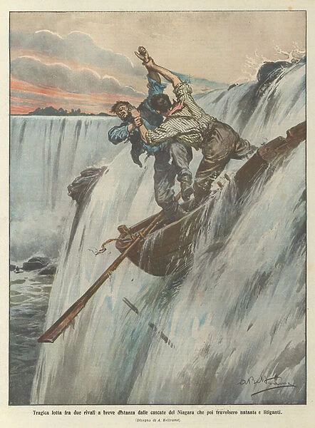 Tragic fight between two rivals a short distance from the Niagara Falls that then overwhelmed the boat and litigants (colour litho)