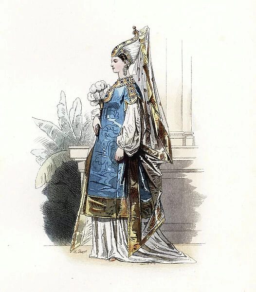 Turkish princess, after Theodore de Bry, 1556 - Handcoloured steel engraving by Hippolyte Pauquet from the Pauquet Brothers ' Foreign Fashions and Costumes Ancient and Modern', Paris, 1865