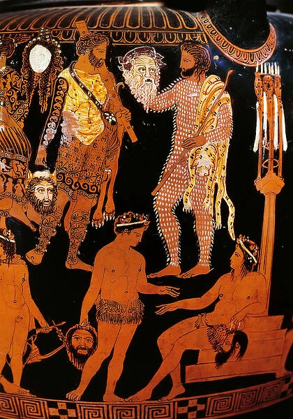 Vase of Pronomos. Detail depicting Hercules, the preparatives of a satyric drama in