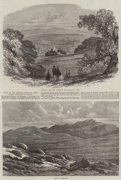 Views in the Scottish Highlands near Balmoral, the Braemar Gathering (engraving)