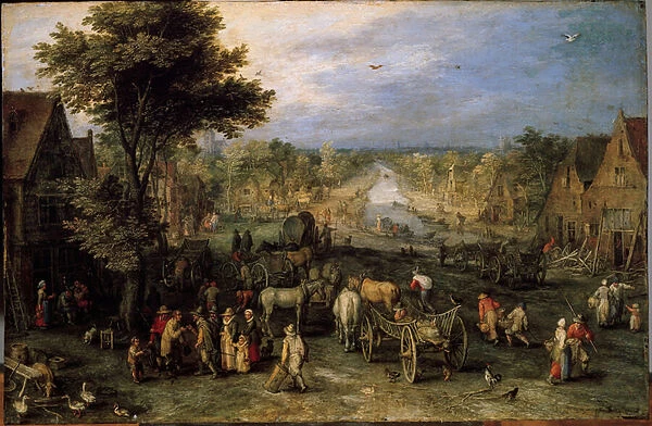 Village with carts (Painting, 1607)