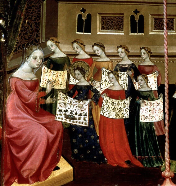 The Virgin Mary with her classmates showing needlework samplers to their teacher, detail from the Altarpiece of the Virgin and St. George, c. 1390-1400 (tempera on panel)
