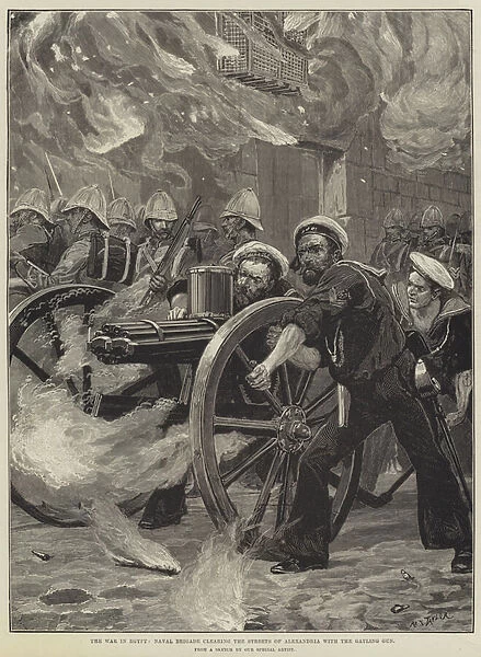 The War in Egypt, Naval Brigade clearing the Streets of Alexandria with the Gatling Gun (engraving)