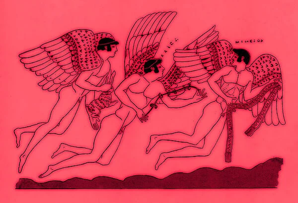 Three winged love gods, illustration from Greek Vase Paintings by J. E. Harrison and D. S. MacColl, published 1894 (digitally enhanced image)