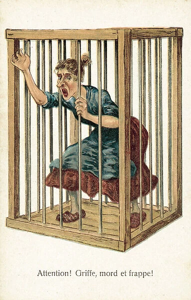 Woman locked in a cage (colour litho)