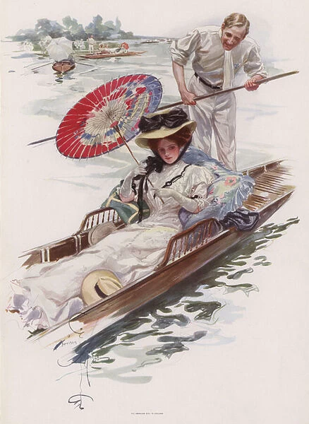 Young American woman enjoying a punt ride on an English river (colour litho)