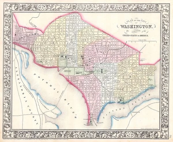 1864, Mitchell Map of Washington D. C. topography, cartography, geography, land, illustration