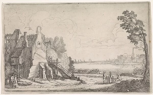 Figures on a path along a dilapidated house on a river, in the background a church