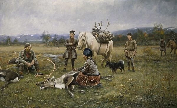 Johan TirA n Sami Collecting Reindeer Shot painting