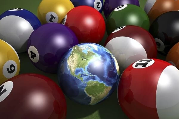 Pool table with balls and one of them as planet Earth
