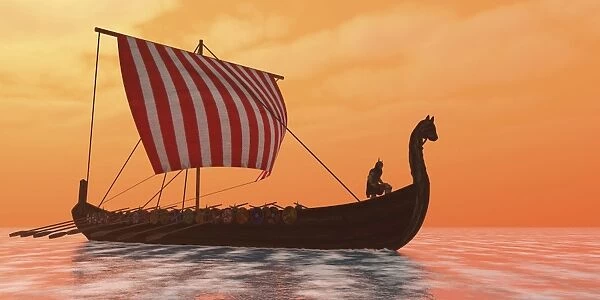 A Viking longboat sails through calm ocean waters