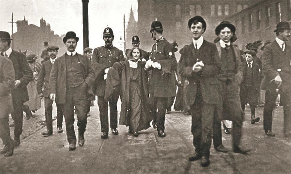 Arrest of Dora Marsden, British suffragette, outside the Victoria University of Manchester, 1909