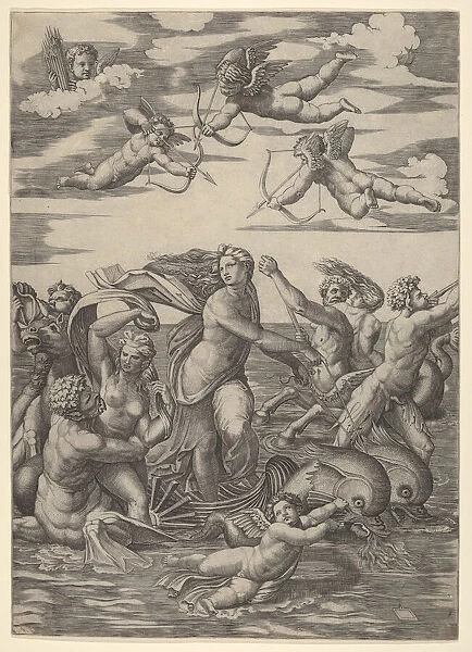 Galatea standing in a water-chariot pulled by two dolphins, surrounded by tritons, nere