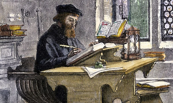 John Wycliffe at work, 19th century. Artist: Anonymous