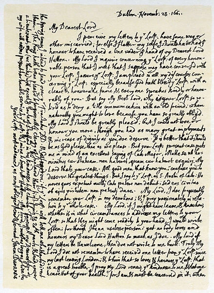 Letter from Jeremy Taylor to Lord Hatton, 23rd November 1661. Artist: Jeremy Taylor