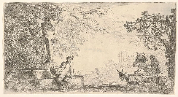 A satyr reclining at the foot of a staute of Priapus, goats at the right, ca. 1645-48