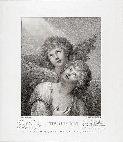 Two cherubim. Two angels. After a late 18th century engraving by Francesco Bartolozzi from a work by Matthew William Peters
