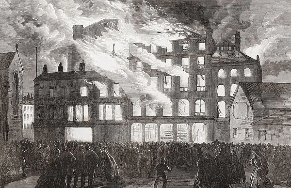 Destruction by fire of Compton House, Church Street, Liverpool, England in 1865. From The Illustrated London News, published 1865