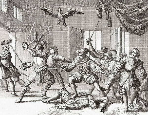 John and Alexander Ruthven, attempting to kidnap or kill James VI of Scotland, are seen here fighting for their lives against the Kings attendants after being caught in the act. They were killed. The incident, which happened in August 1600 at Gowrie House, Perth, Scotland, became known as the Gowrie Conspiracy. After an engraving by Jan Luyken