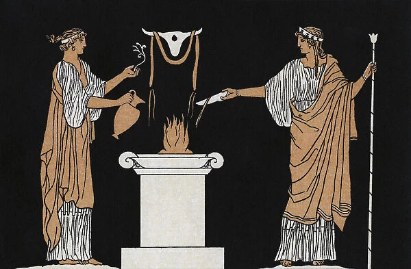 Two priestesses in ancient Greece make offerings to the dead in the form of a libation poured upon a flame on an altar. After a work by English artist John Flaxman