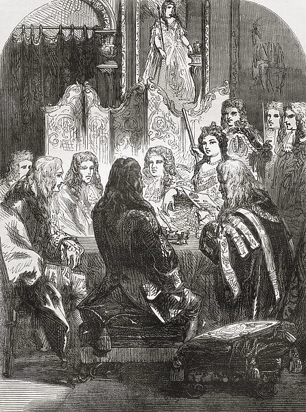 Queen Anne with her privy council. Anne, 1665 -1714. Queen of England, Scotland and Ireland, 1702 - 1707. On 1 May 1707, under the Acts of Union, the kingdoms of England and Scotland united as a single sovereign state known as Great Britain. From Cassells Illustrated History of England, published c. 1890