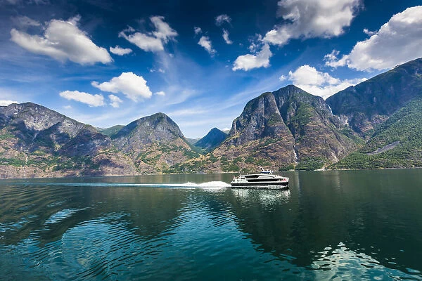 Scenic view of ferry on the Sognefjord, Sogn og Fjordane, Western Norway, Norway