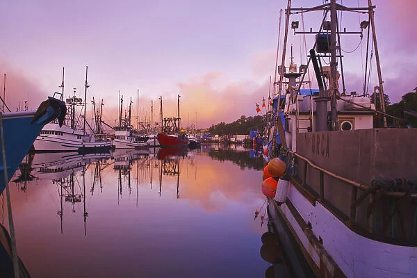 Sunrise Through The Morning Fog And Fishing Boats In Newport Harbor; Newport Oregon United States Of America