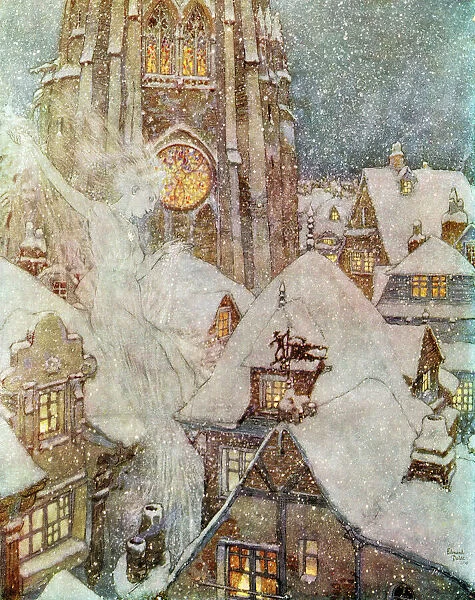 Many A Winters Night She Flies Through The Streets And Peeps In At The Windows, And Then The Ice Freezes On The Panes Into Wonderful Patterns Like Flowers. Illustration By Edmund Dulac For The Snow Queen. From Stories From Hans Andersen, Published 1938