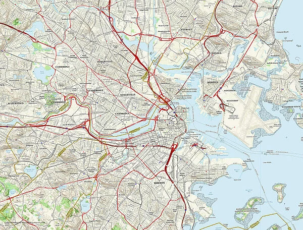 Boston City Map. A street level map of central Boston based on USGS topo map data