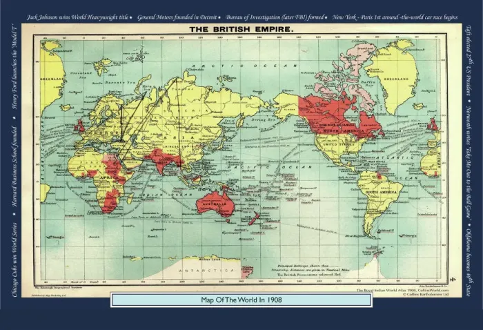 Framed Print : Historical World Events map 1908 US version