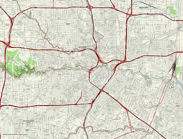 Houston City Map. A street level map of central Houston based on USGS topo map data