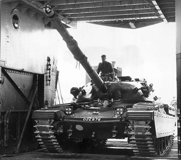 One of four Chieftan tanks being loaded on to the Tank Landing Craft 'Andalsnes'