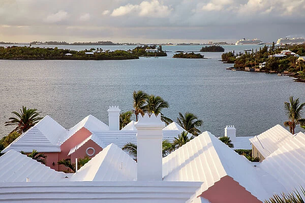 Bermuda, View to Harbor and Great Sound, and buildings with iconic white rooftops