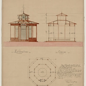 Architectural drawing showing elevation, cross section, and