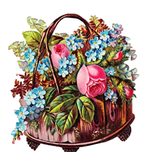 Basket of pink and blue flowers on a Victorian scrap