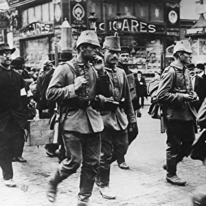 Belgian soldiers in street scene, Belgium, WW1