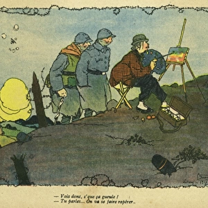 Cartoon, Artist on a battlefield, WW1