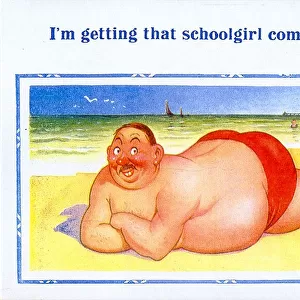 Comic postcard, Large man sunbathing at the seaside Date: 20th century